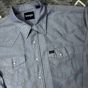 Wrangler Mens Blue Western Pearl Snap Long Sleeve Shirt Chambray Canvas 19x36